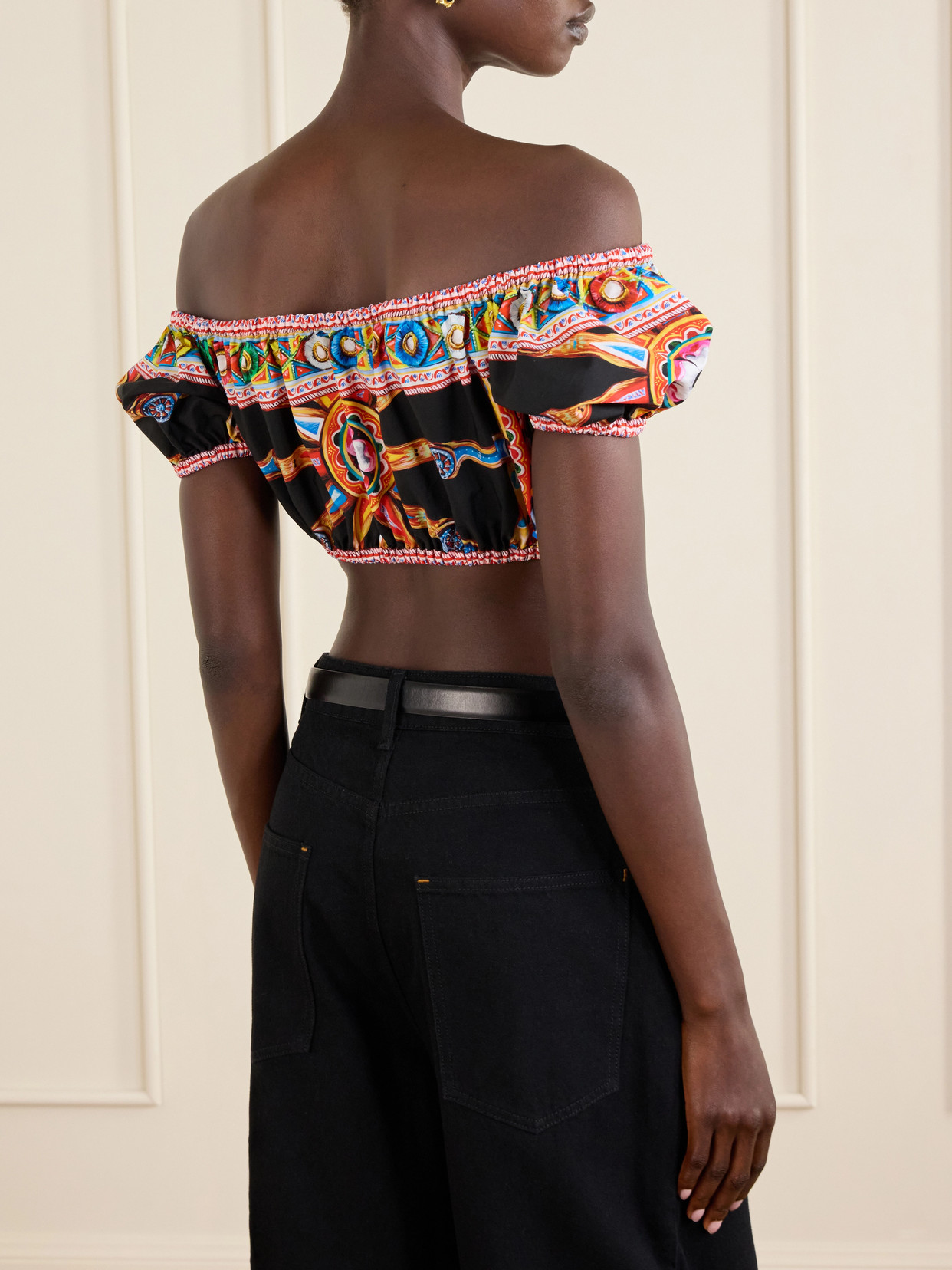 Dolce & Gabbana Carretto Off-the-shoulder Cropped Printed Cotton-poplin Top In Black