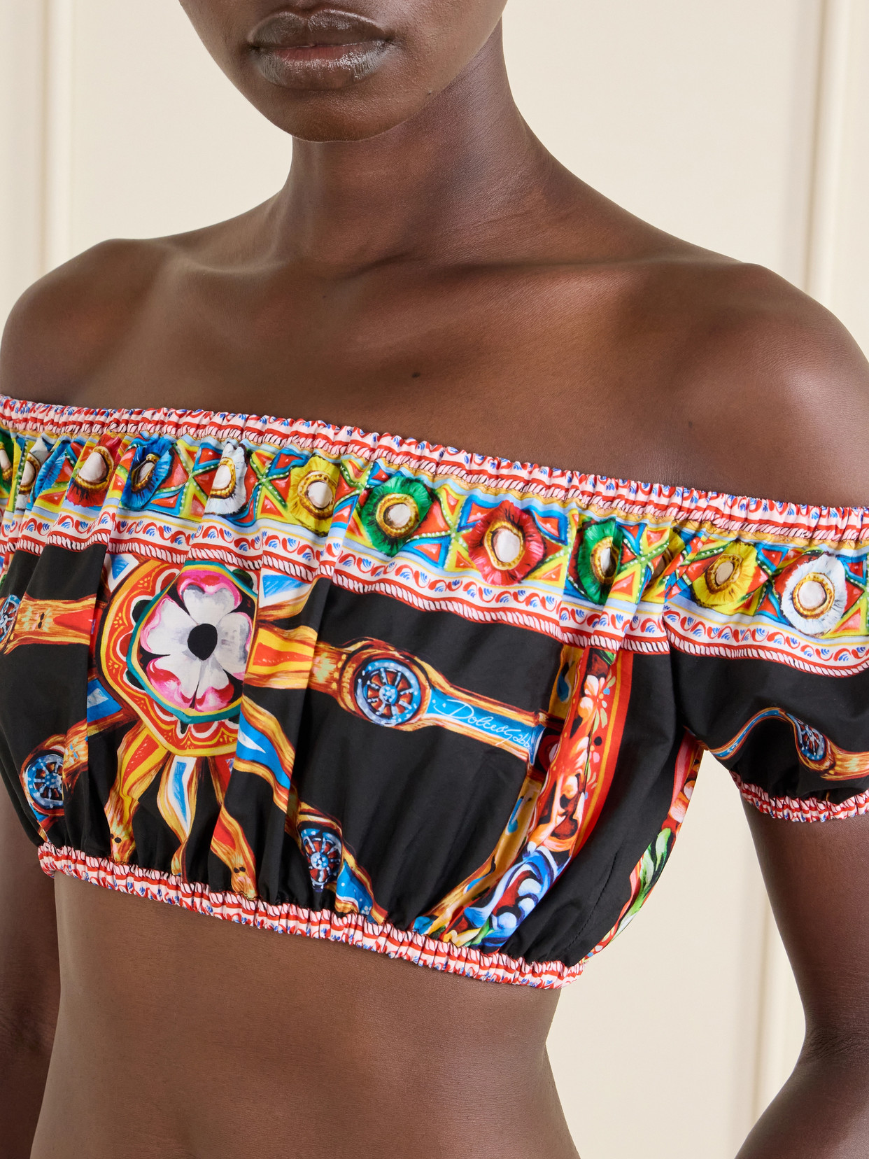 Dolce & Gabbana Carretto Off-the-shoulder Cropped Printed Cotton-poplin Top In Black