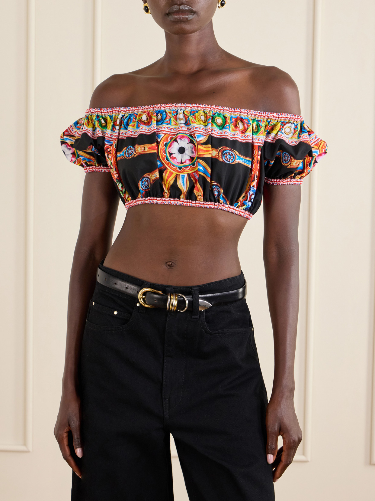 Dolce & Gabbana Carretto Off-the-shoulder Cropped Printed Cotton-poplin Top In Black