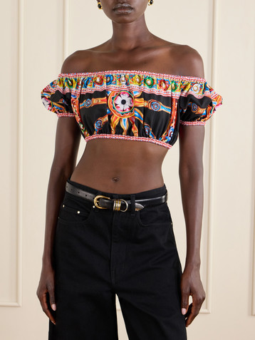 Dolce&Gabbana Carretto off-the-shoulder cropped printed cotton-poplin top