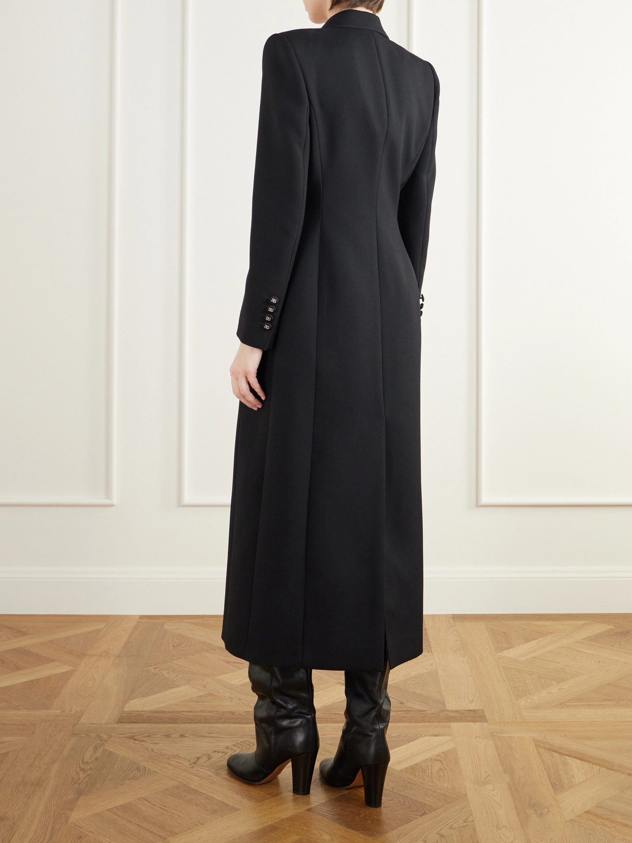 Double-Breasted Satin-Trimmed Wool-Blend Grain De Poudre Coat