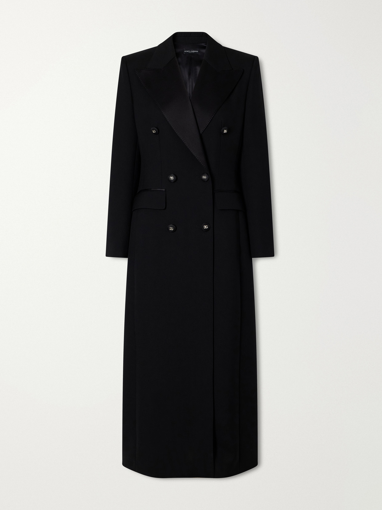 Dolce & Gabbana Double-breasted Satin-trimmed Wool-blend Grain De Poudre Coat In Black