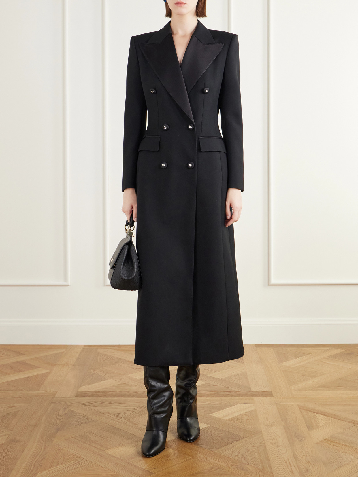 Double-Breasted Satin-Trimmed Wool-Blend Grain De Poudre Coat