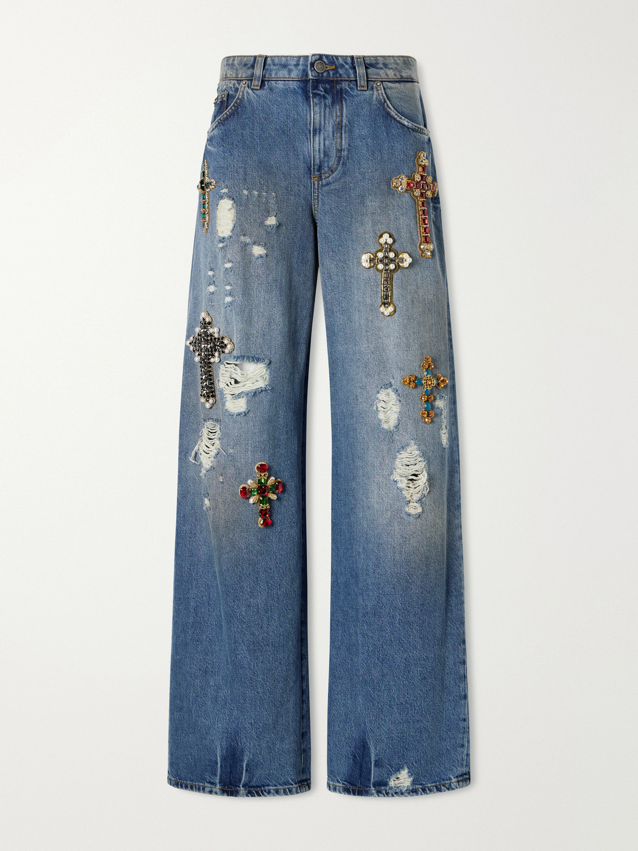 Dolce & Gabbana Embellished Distressed-detail High-rise Wide-leg Jeans In Blue