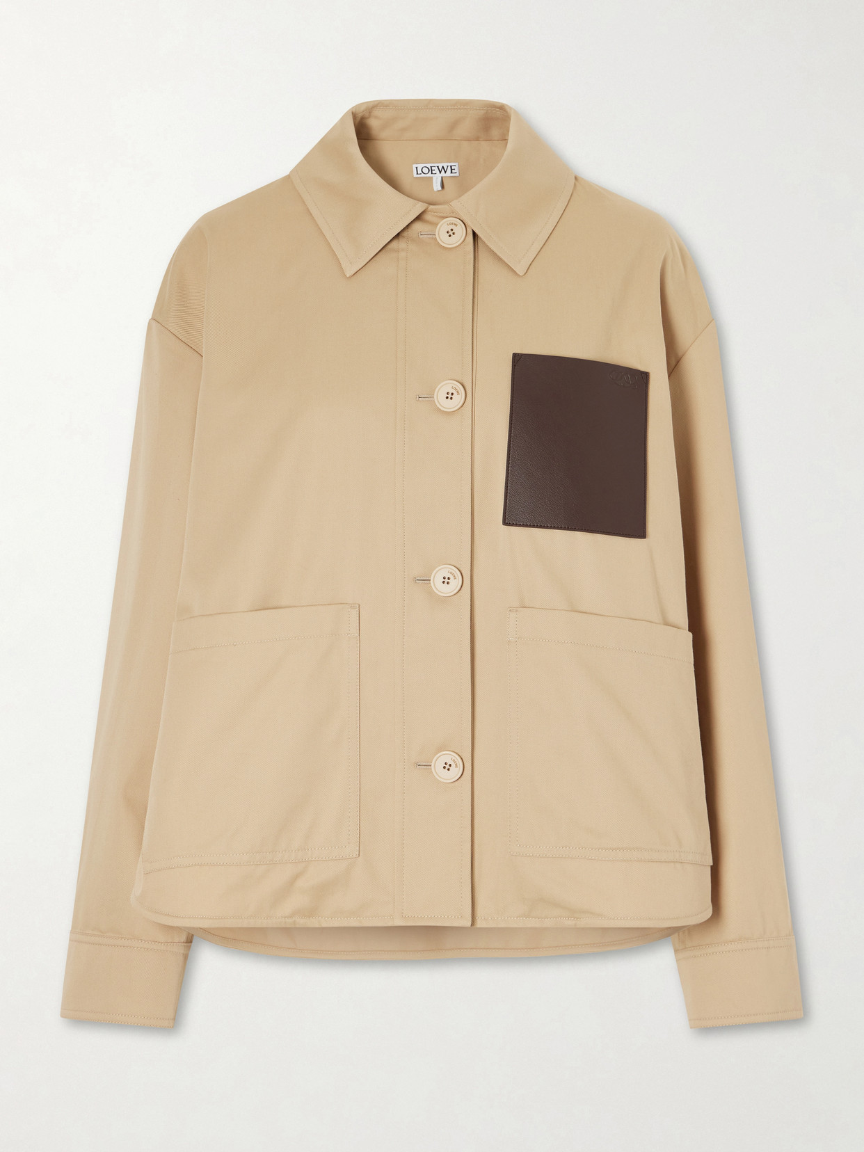 LOEWE - Logo-embossed Leather-trimmed Cotton-gabardine Jacket - Neutrals