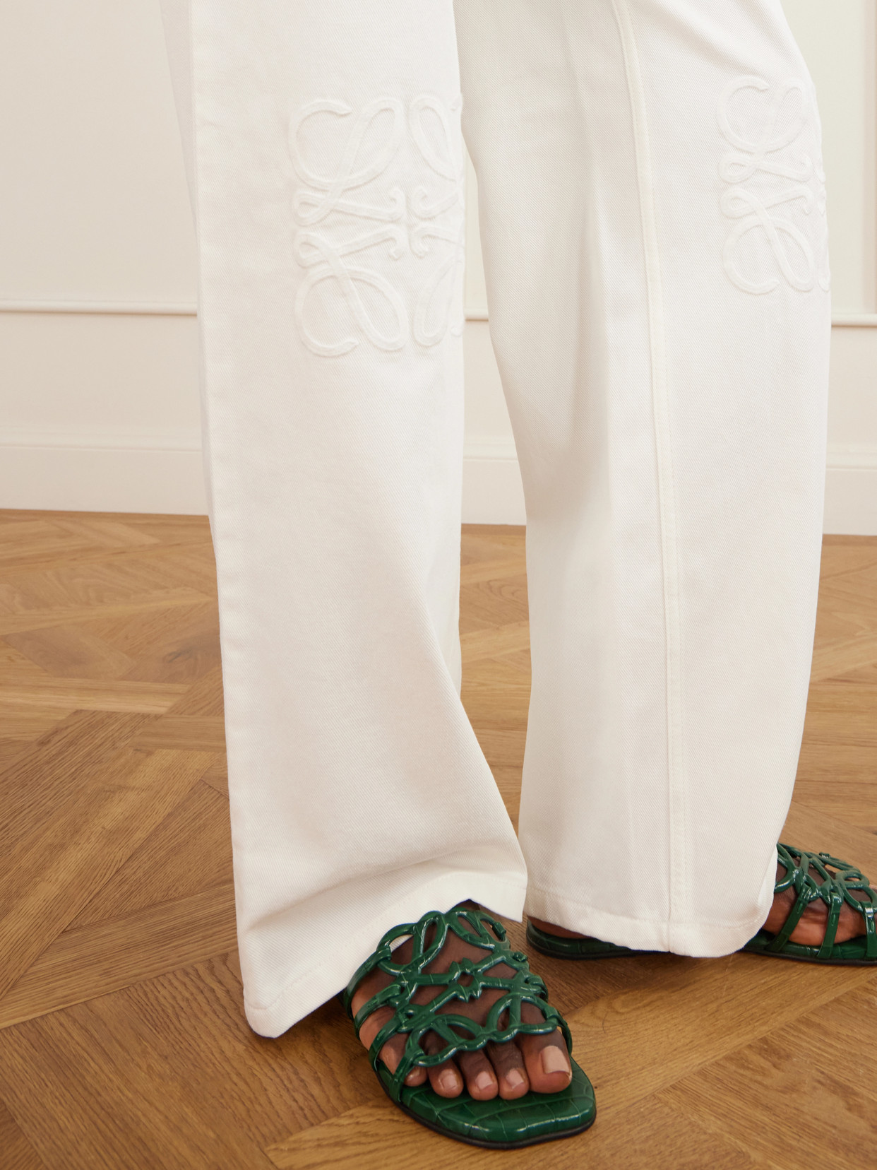 Anagram-Embroidered Mid-Rise Wide- Leg