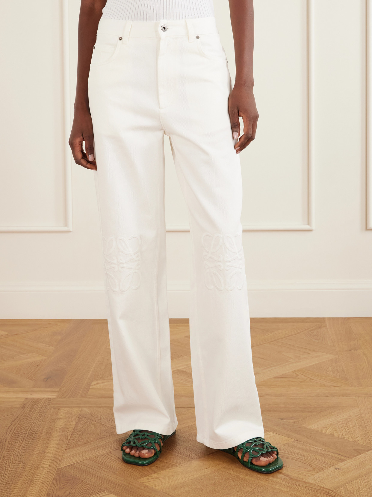 Anagram-Embroidered Mid-Rise Wide- Leg