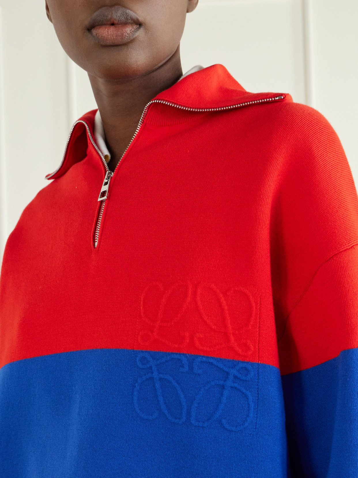Anagram-Embossed Two-Tone Cotton-Blend Jersey Half-Zip Sweatshirt