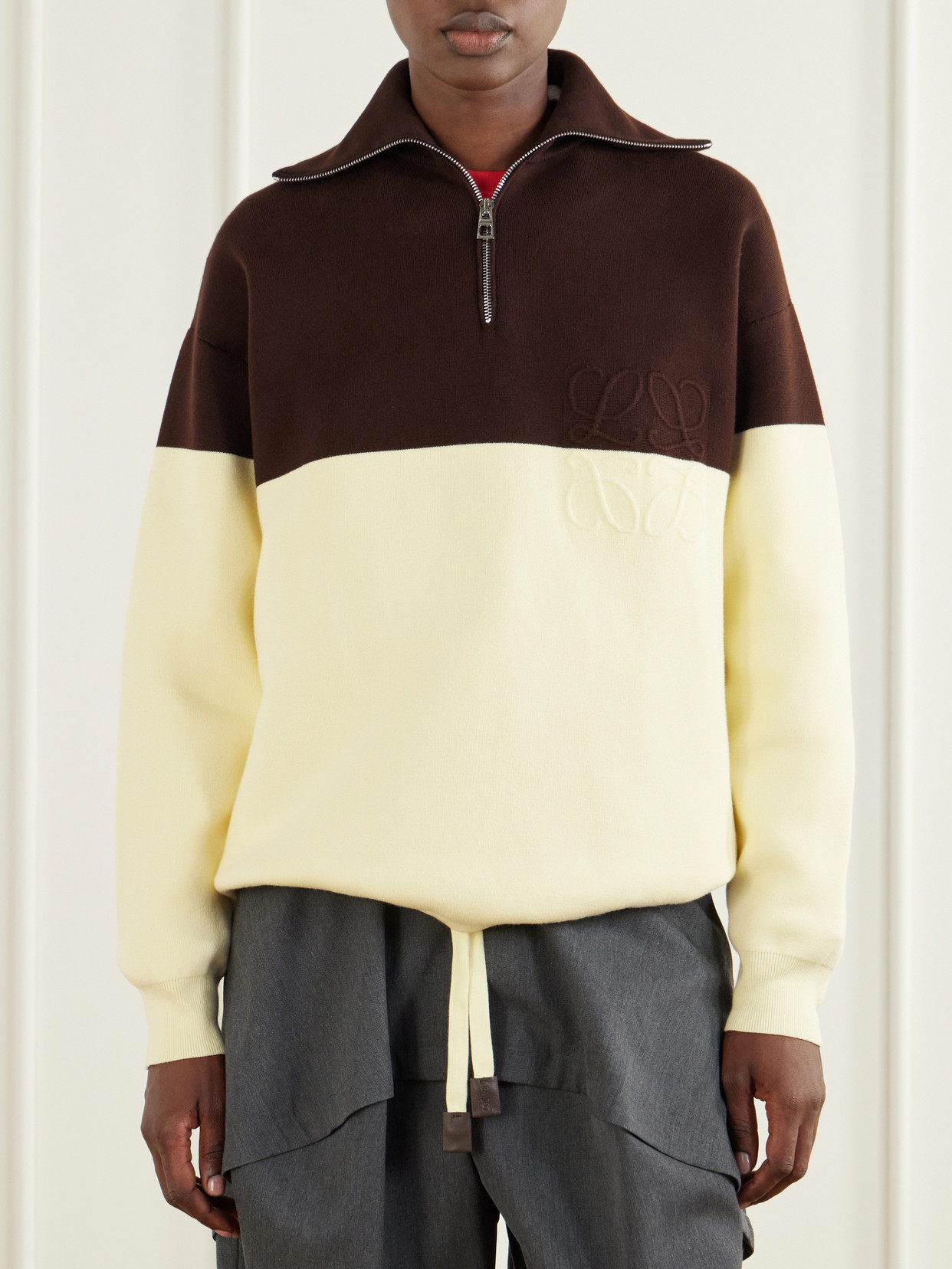 Anagram-Embossed Two-Tone Cotton-Blend Jersey Half-Zip Sweatshirt