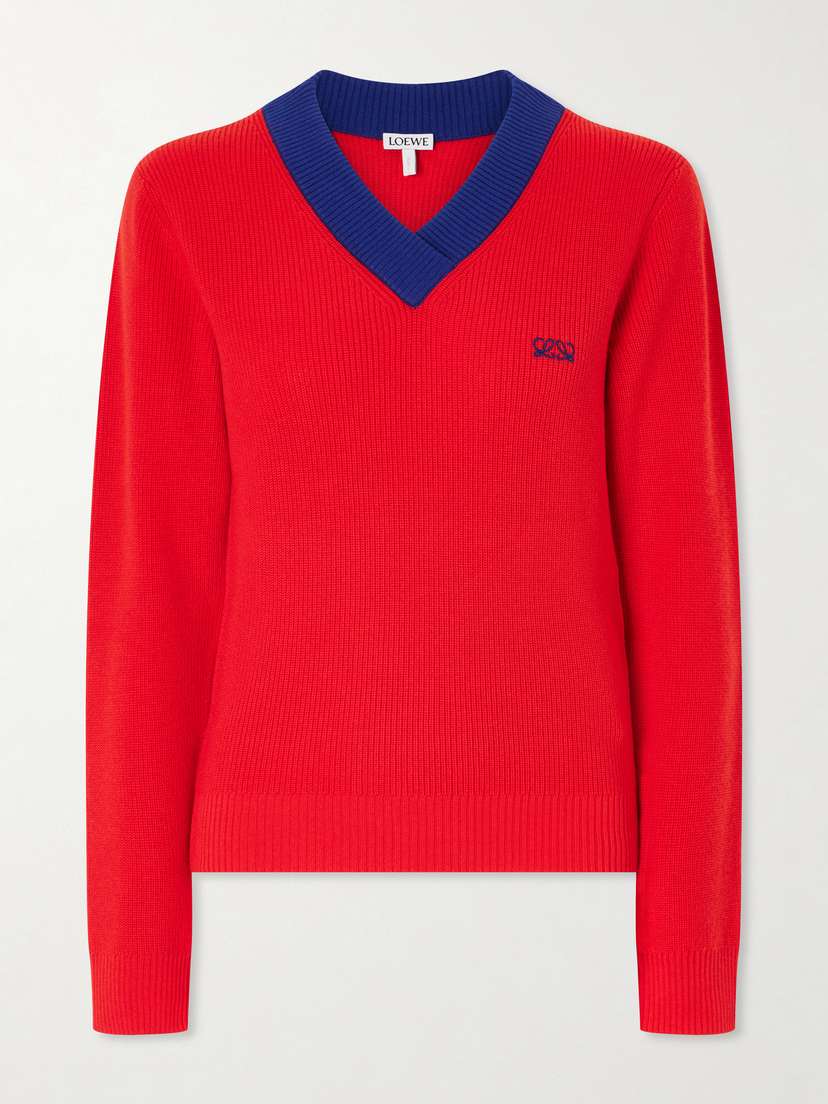 Loewe Anagram-embroidered Ribbed-knit Cotton And Wool-blend Sweater