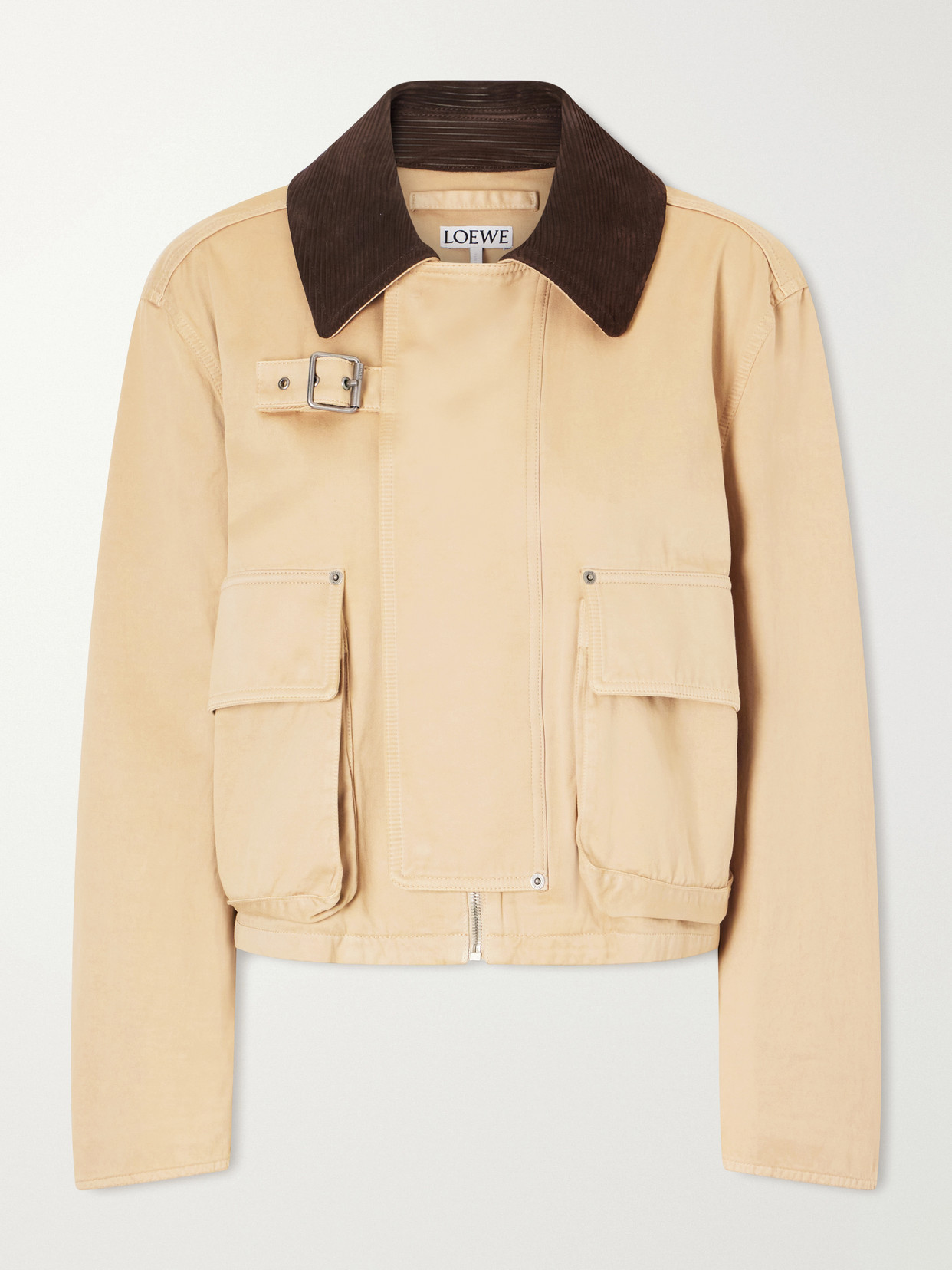 Loewe Cropped Belted Corduroy-trimmed Cotton Jacket In Neutrals