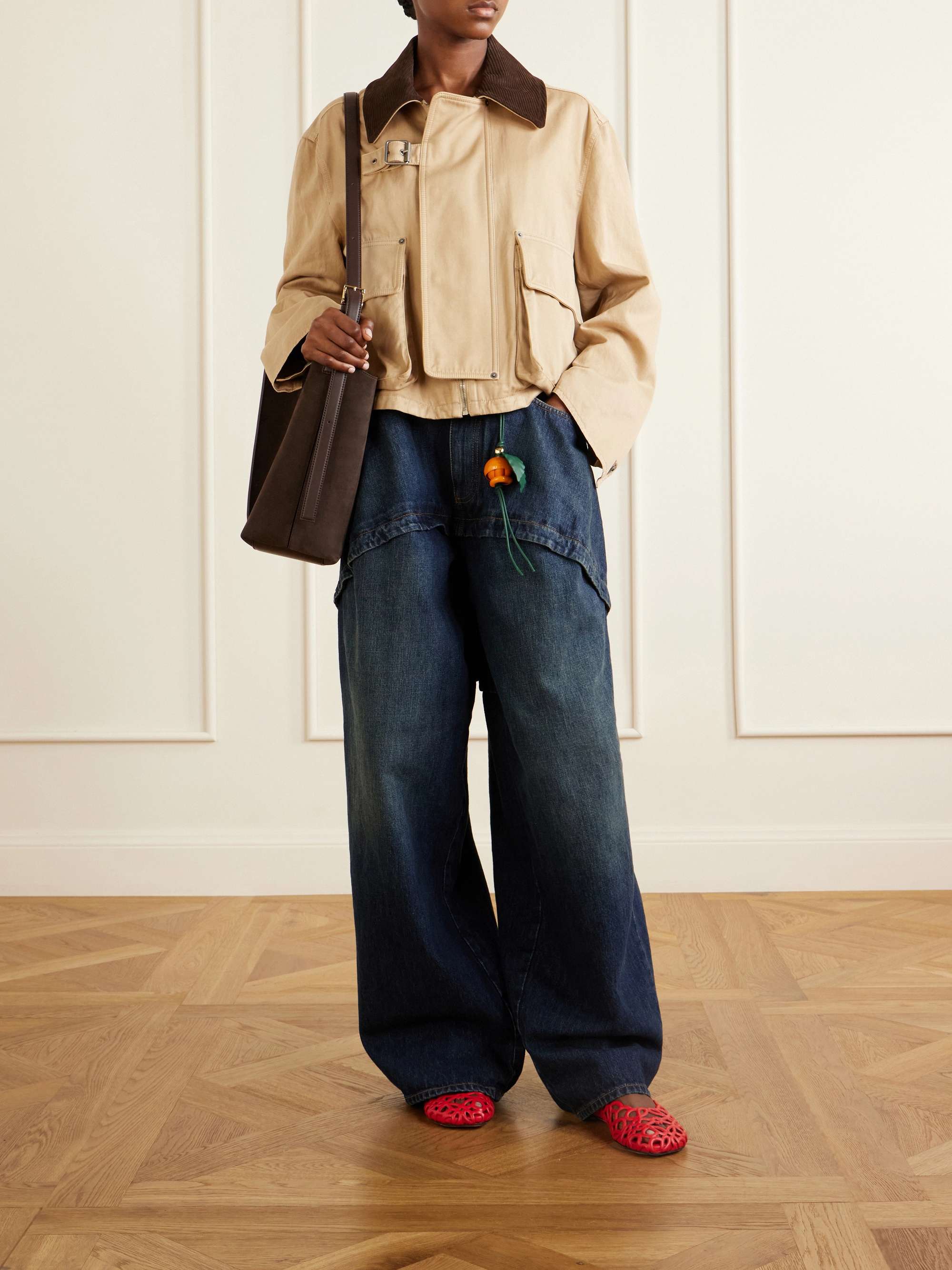 LOEWE Cropped belted corduroy-trimmed cotton-gabardine jacket