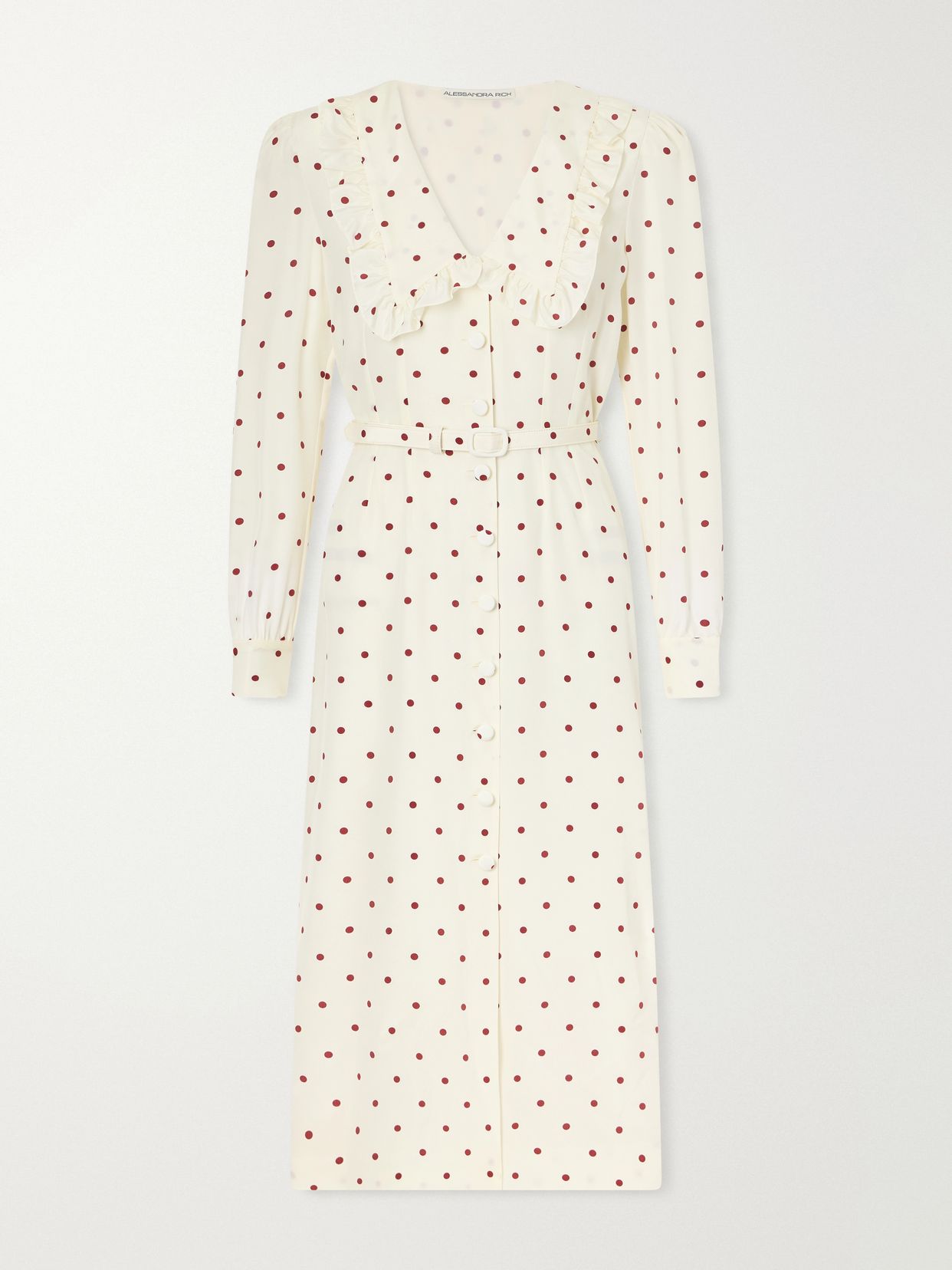 belted polka dot silk crepe midi dress