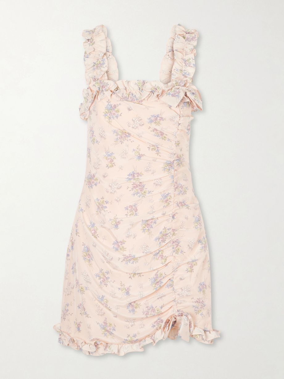 Bow-embellished floral-print silk-satin mini dress