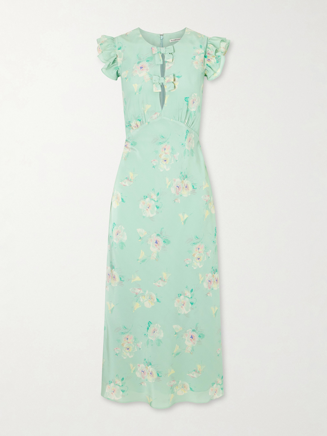 Alessandra Rich Floral-print Ruffle-trim Silk Midi Dress In Green