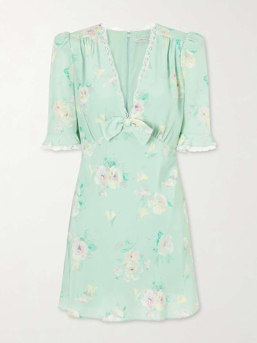 Alessandra Rich Floral-print Lace-trimmed Bow-embellished Silk Mini Dress