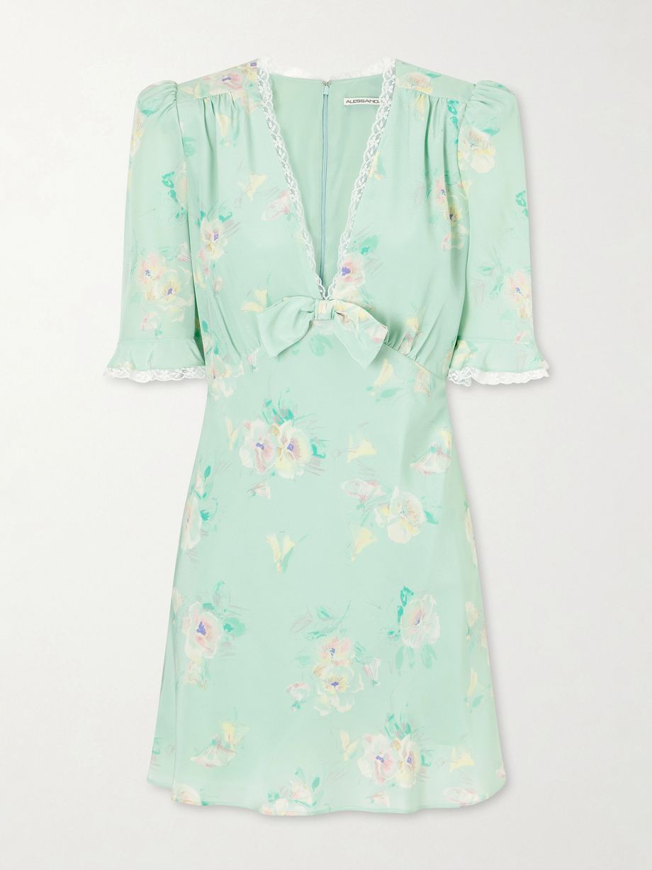 Floral-print lace-trimmed bow-embellished silk mini dress