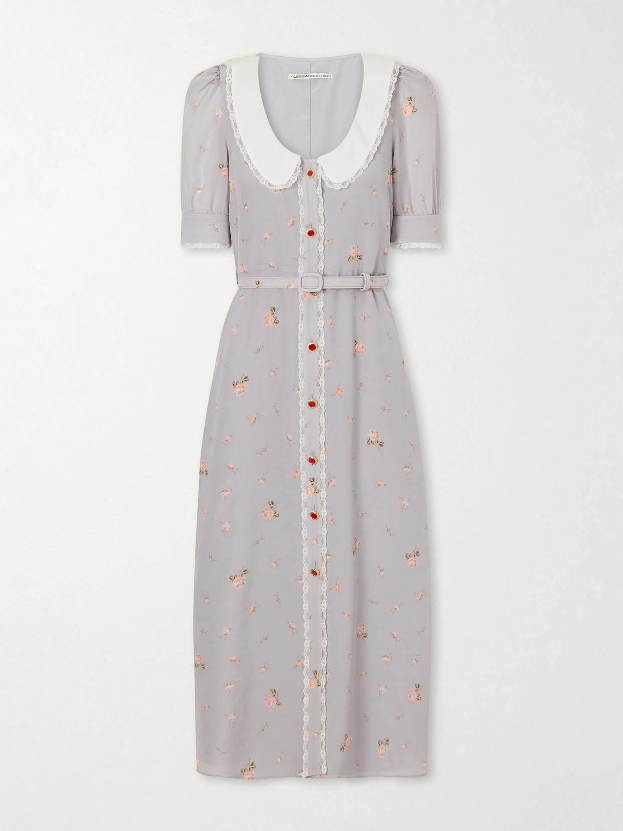 Alessandra Rich Belted Floral-print Lace-trimmed Silk-crepe De Chine Midi Dress In Gray
