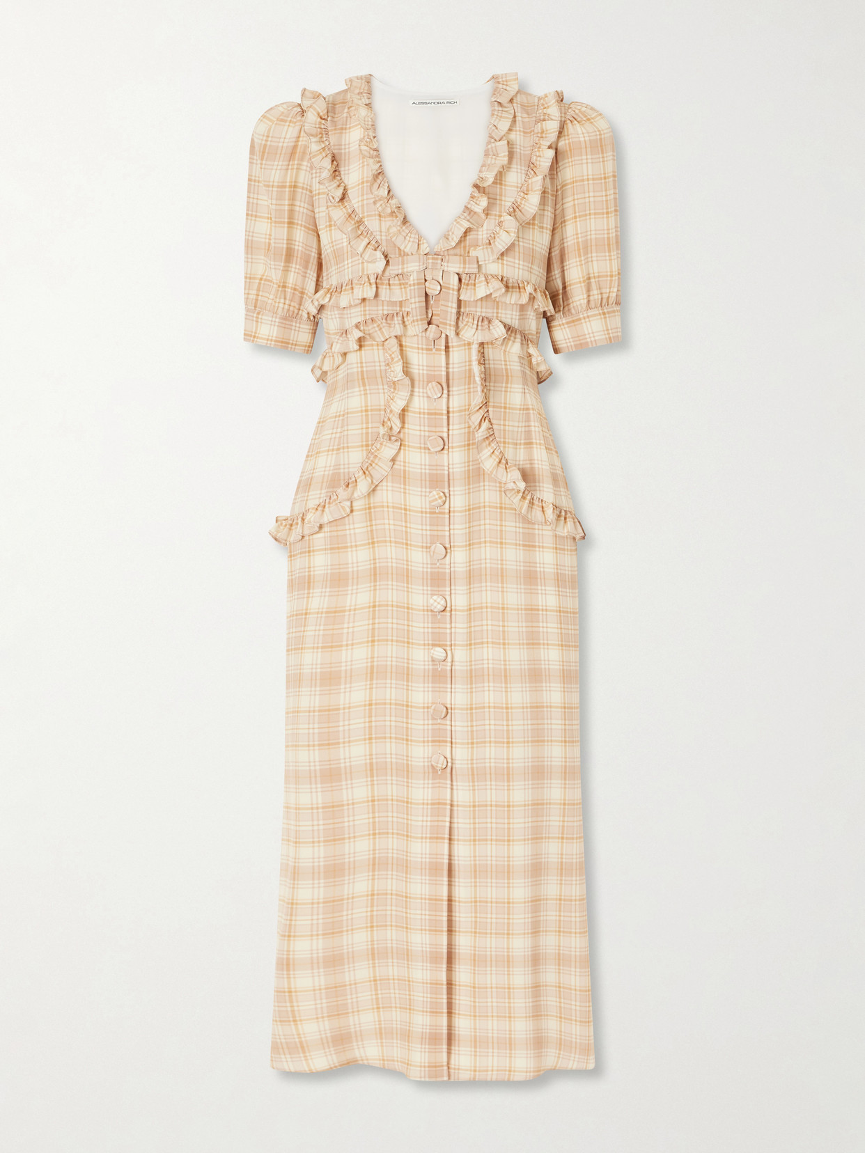 Alessandra Rich Ruffled Checked Silk Midi Dress In Neutrals