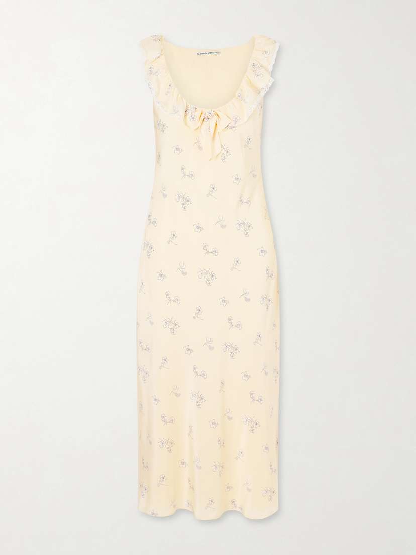 Alessandra Rich Floral-print Lace-trimmed Silk-satin Midi Dress