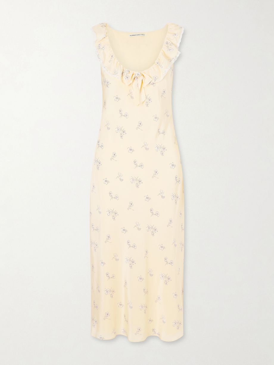 Floral-print lace-trimmed silk-satin midi dress