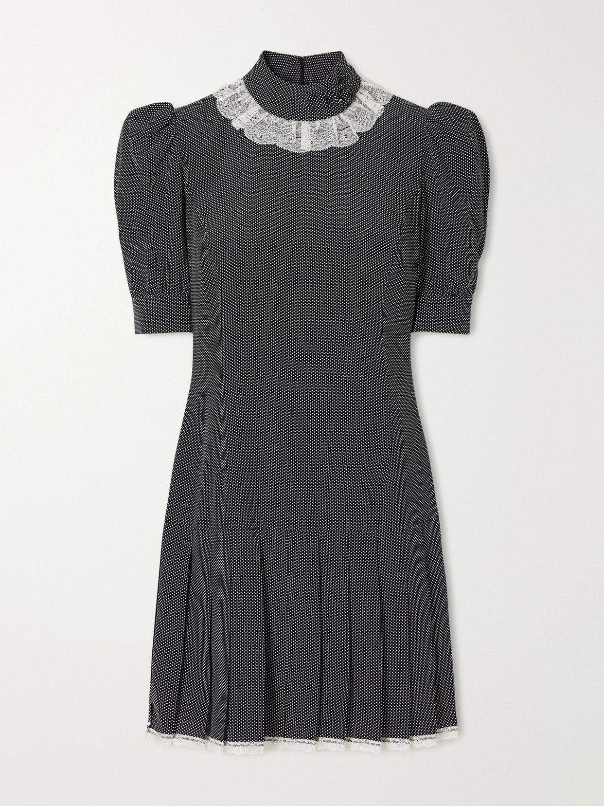 Alessandra Rich Pleated Lace-trimmed Polka-dot Silk-crepe De Chine Mini Dress In Black