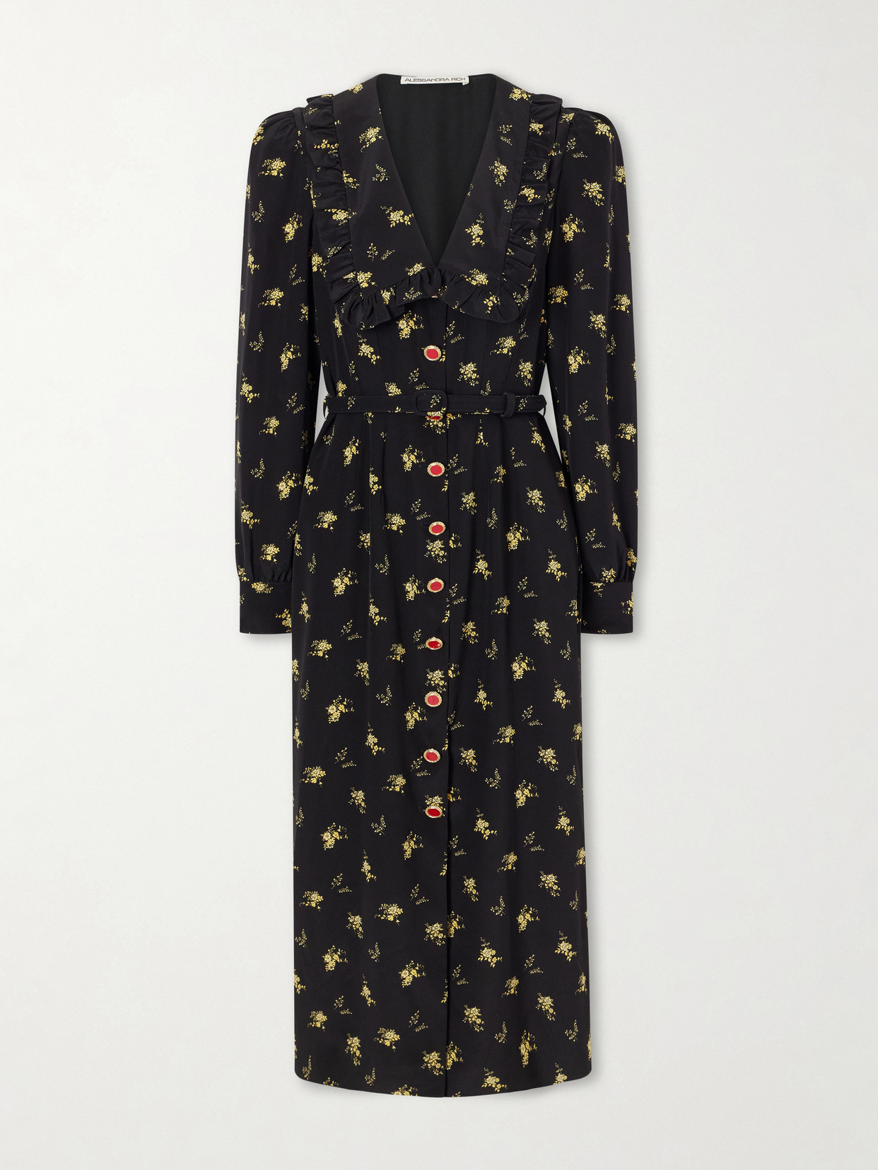 Alessandra Rich Belted Ruffled Floral-print Silk-crepe Midi Dress In Black
