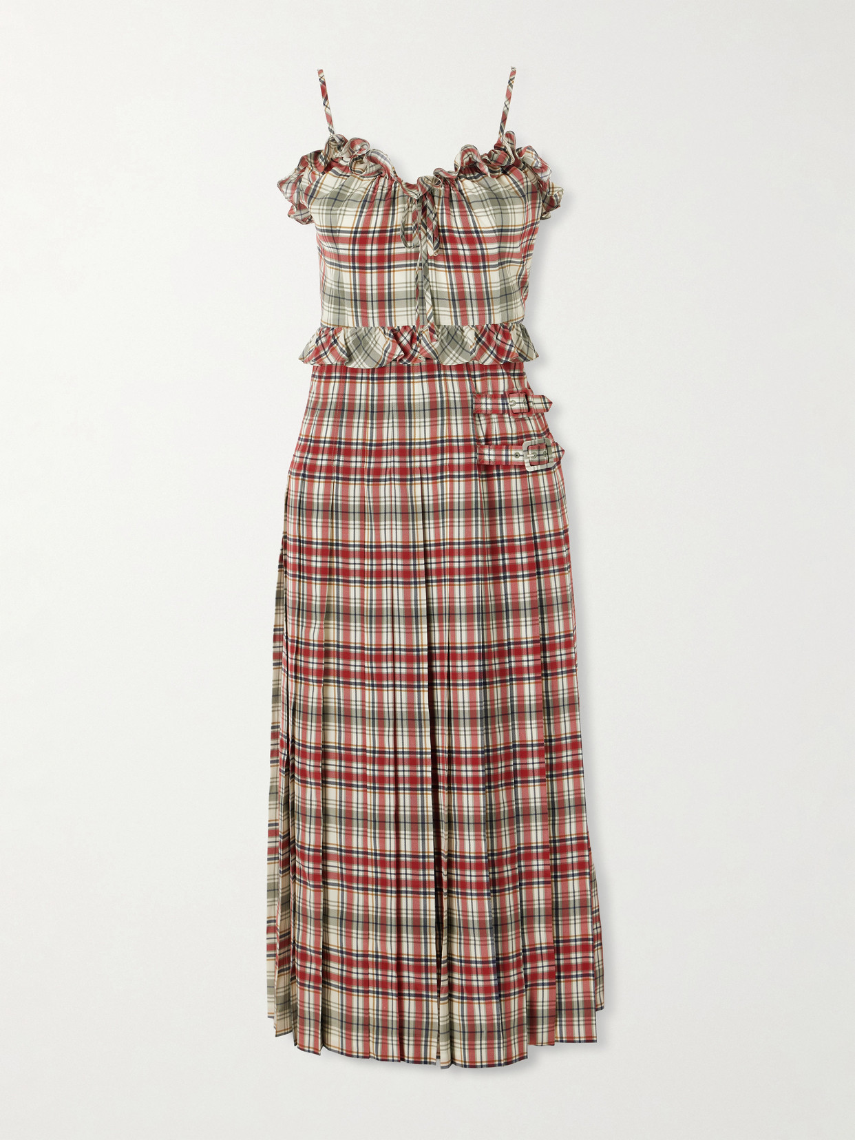 Alessandra Rich Pleated Checked Ruffled Silk-crepe De Chine Midi Dress In Green