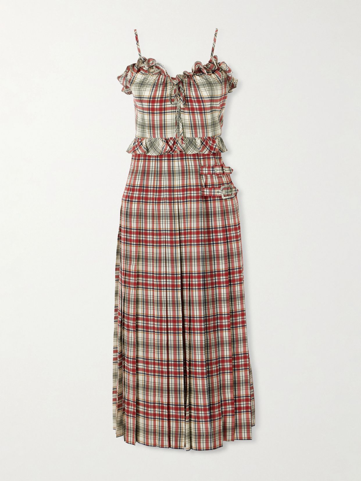 pleated checked ruffled silk crepe de chine midi dress