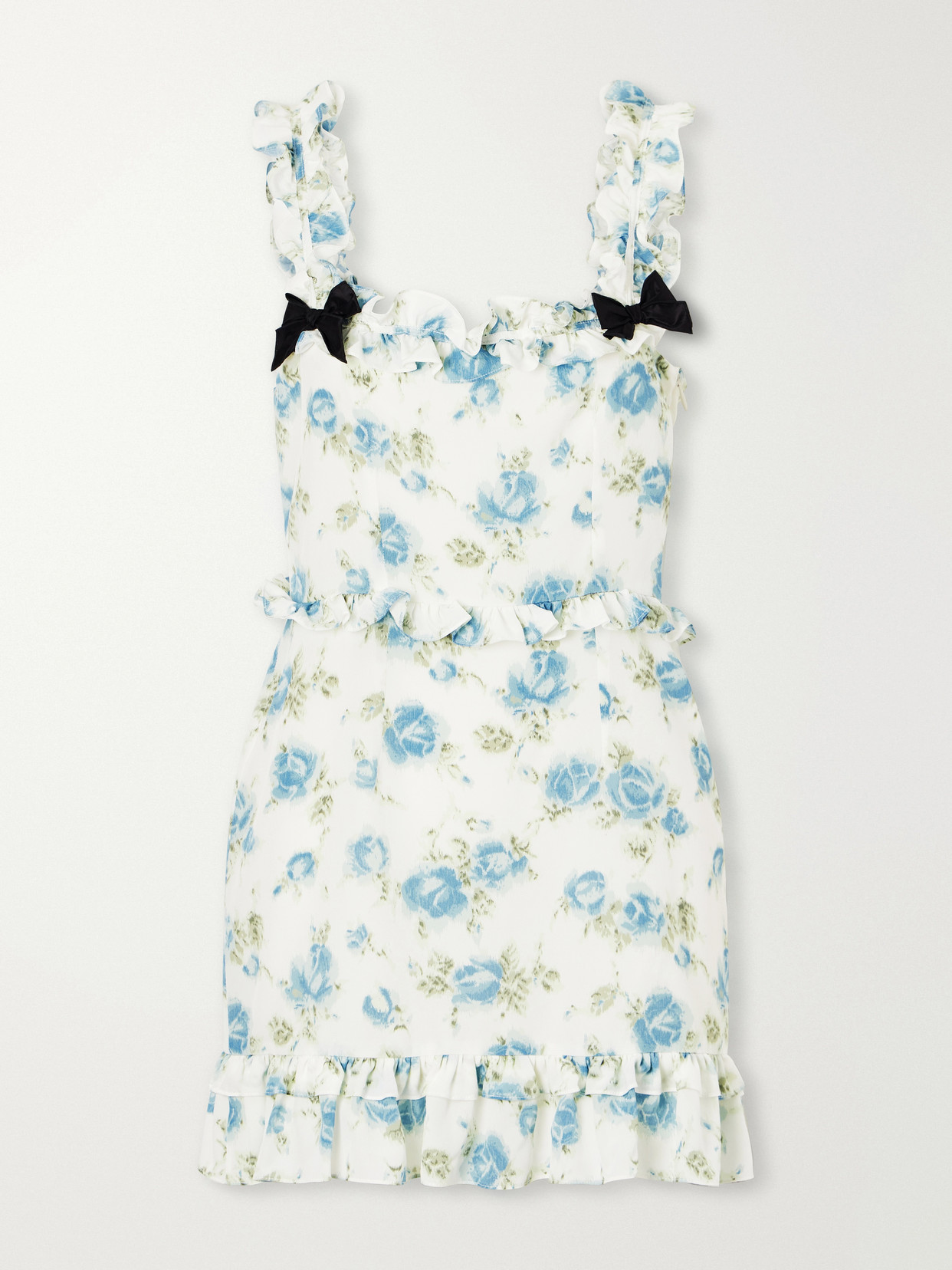 Alessandra Rich Ruffled Floral-print Silk Mini Dress In Blue