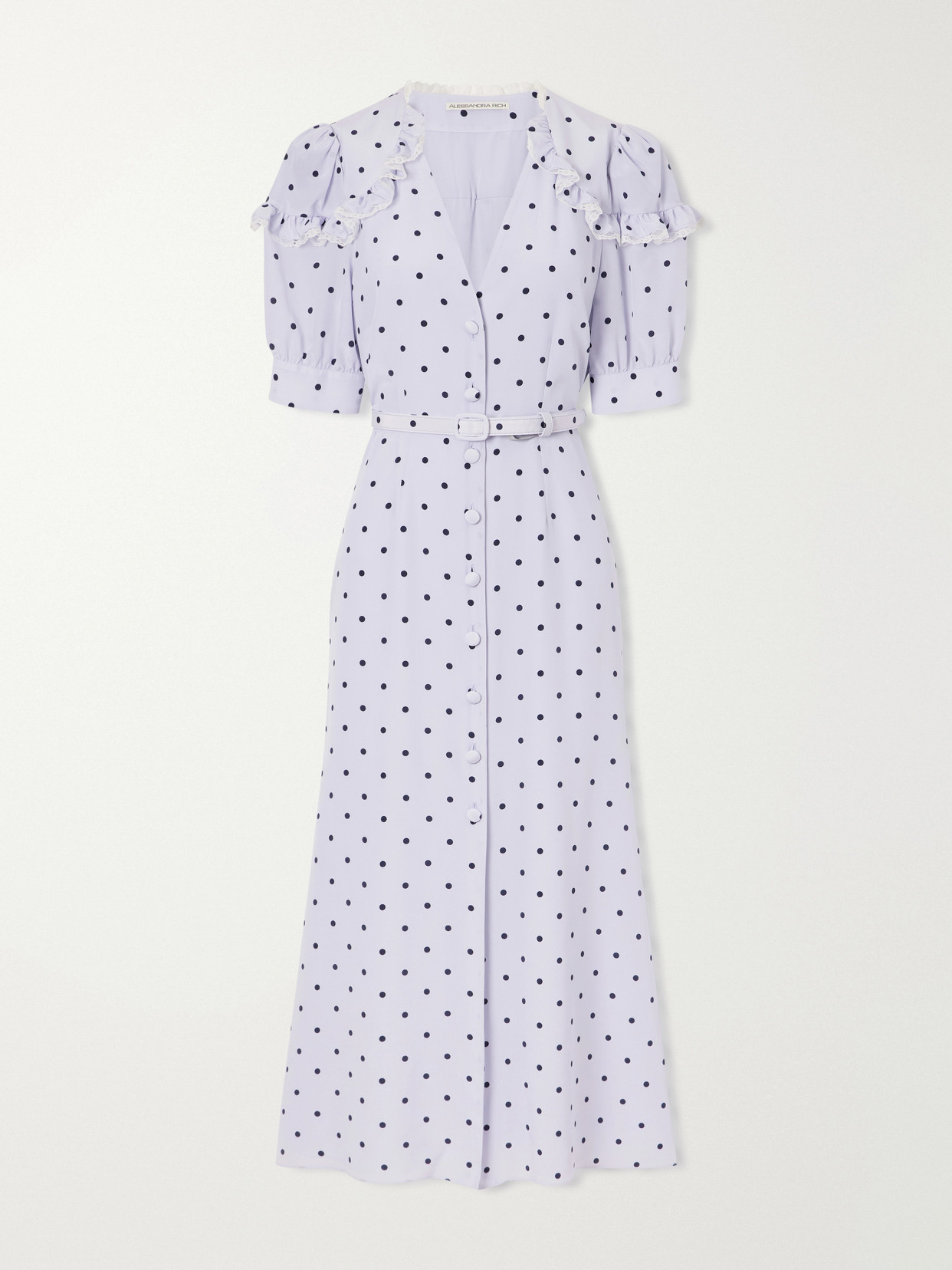 Alessandra Rich - Belted Polka-dot Lace-trimmed Silk Midi Dress - Blue