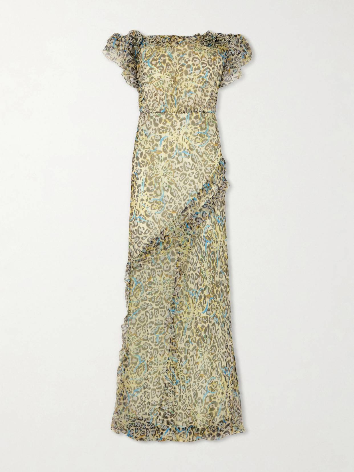 Saloni Nina Off-the-shoulder Ruffled Printed Silk Gown In Green