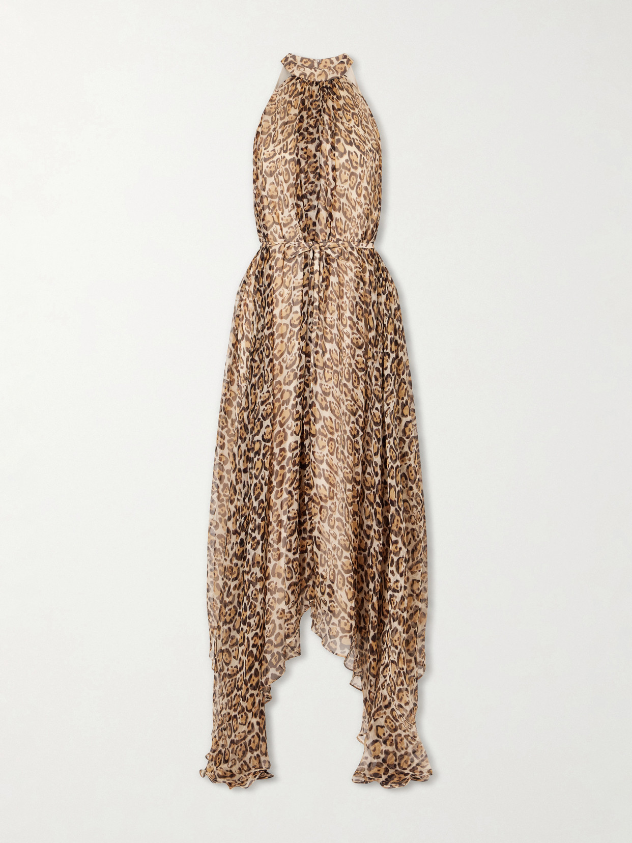 Saloni Irina Asymmetric Belted Leopard-print Silk Halterneck Midi Dress In Brown