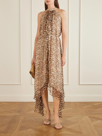 Saloni Irina asymmetric belted leopard-print silk halterneck midi dress