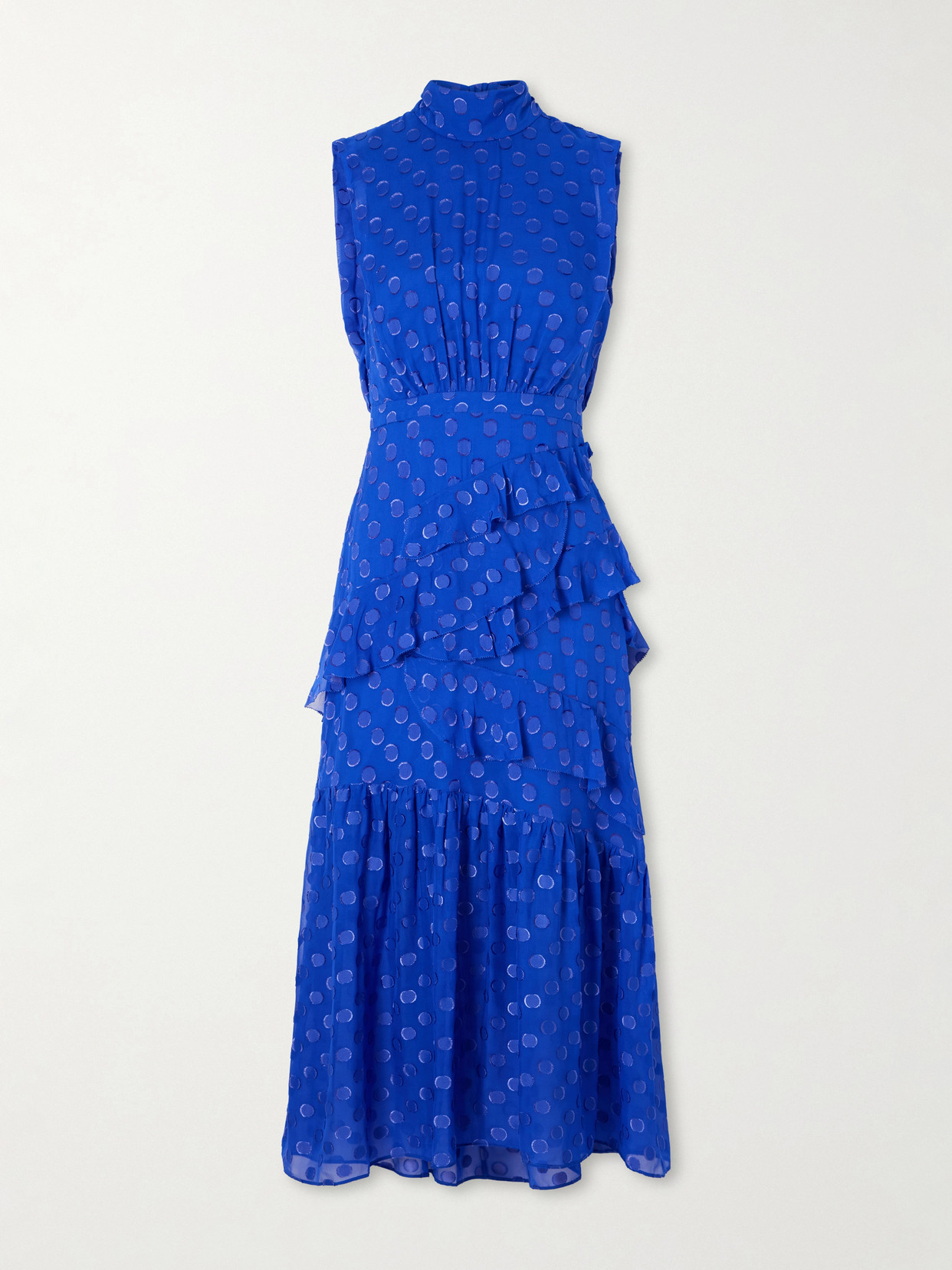 Saloni Fleur Polka-dot Ruffled Fil Coupé Silk-blend Crepe De Chine Midi Dress In Blue