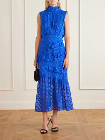 Saloni Fleur polka-dot ruffled fil coupé silk-blend crepe de chine midi dress