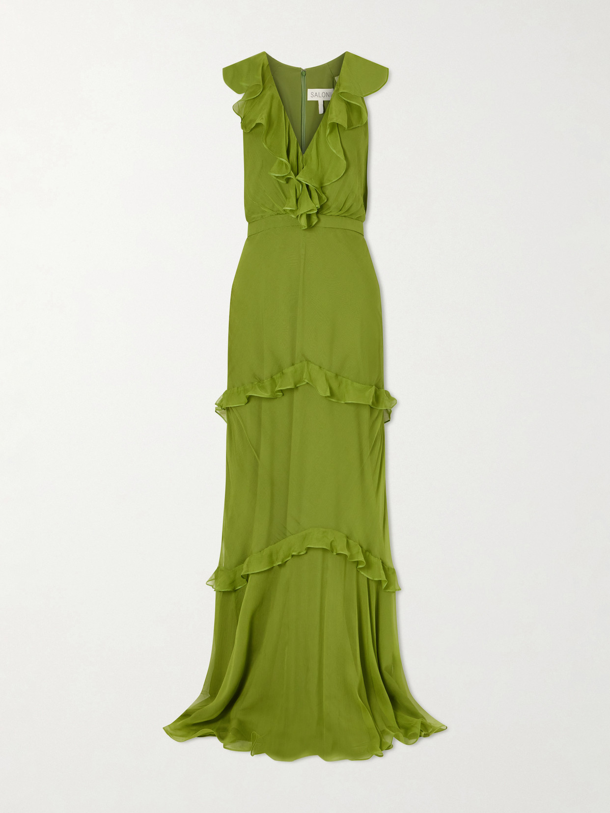 Saloni Rita Gathered Ruffled Silk Gown In Green