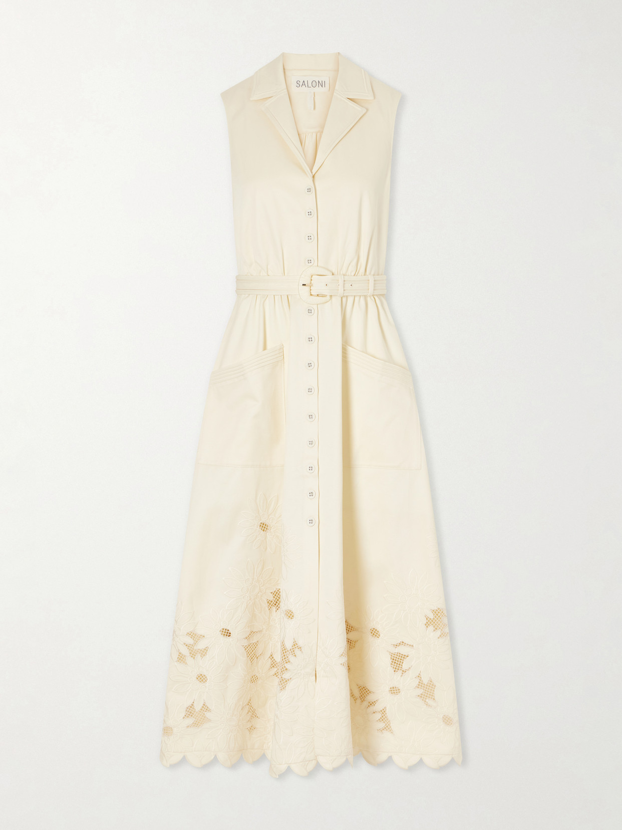 Saloni Kirat Belted Scalloped Embroidered Poplin Midi Dress In Neutral