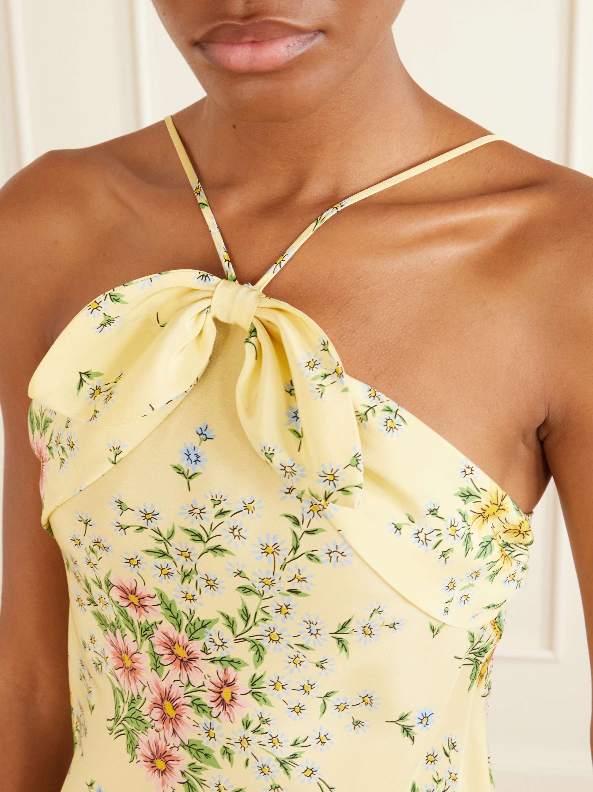 rodarte gold dress Floral-print bow-detailed halterneck silk-crepe midi - yellow sororityrush