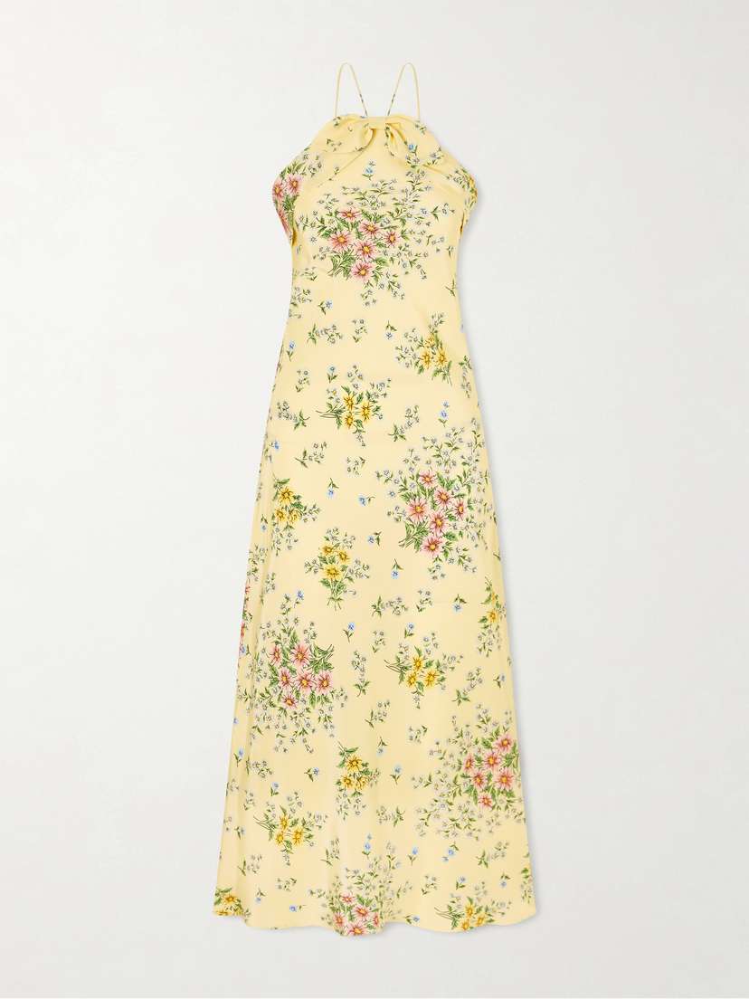 Rodarte Floral-print Bow-detailed Halterneck Silk-crepe Midi Dress
