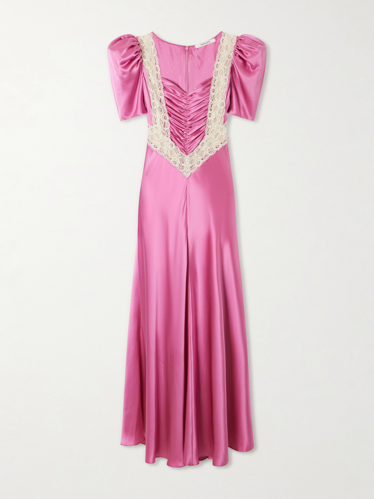 Rodarte - Ruched Embroidered Lace-trimmed Silk-twill Maxi Dress - Pink