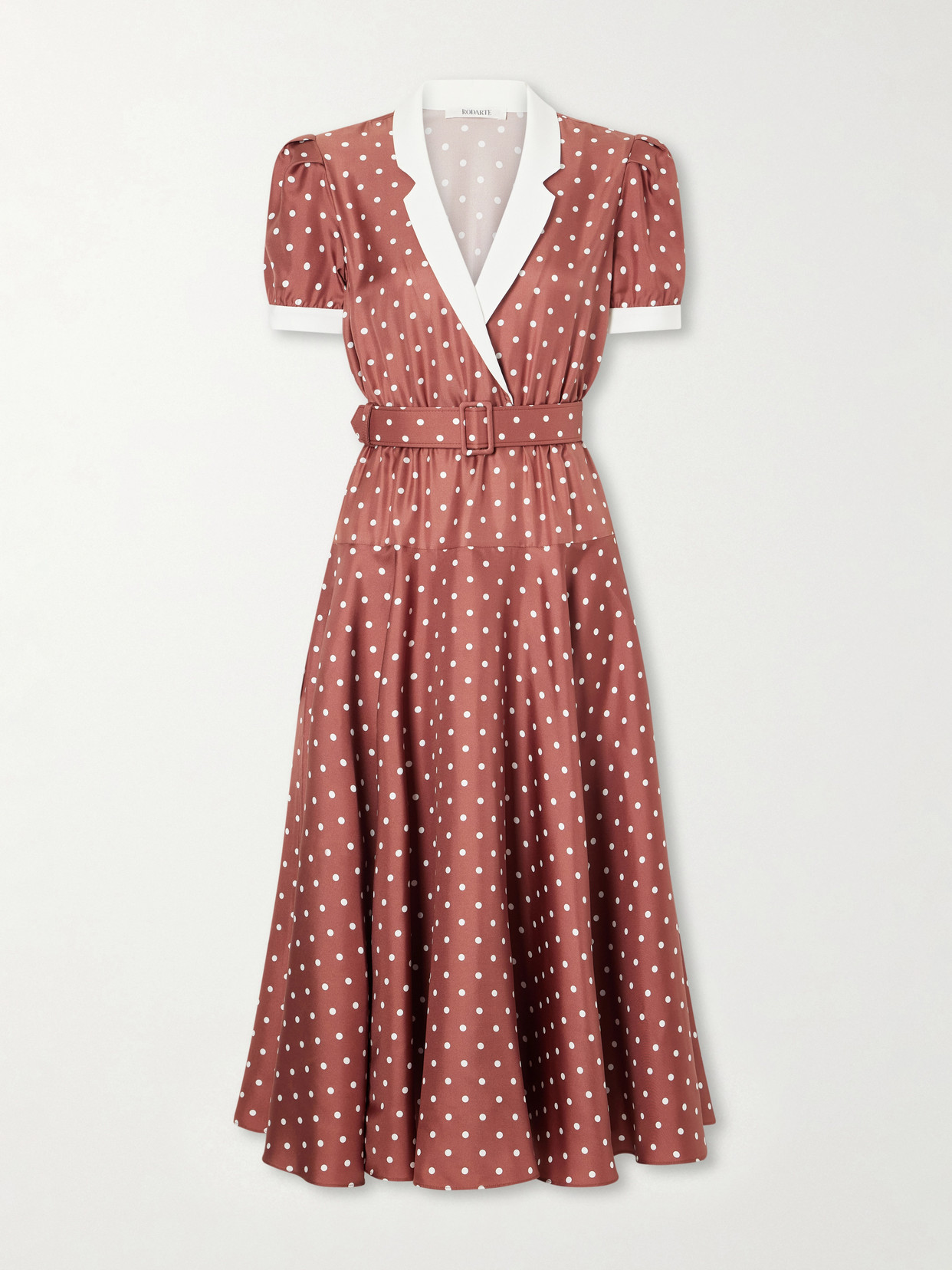 Rodarte Belted Pleated Polka-dot Crepe-trimmed Silk-twill Midi Dress In Brown