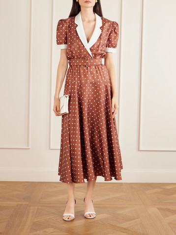 Rodarte Belted pleated polka-dot crepe-trimmed silk-twill midi dress