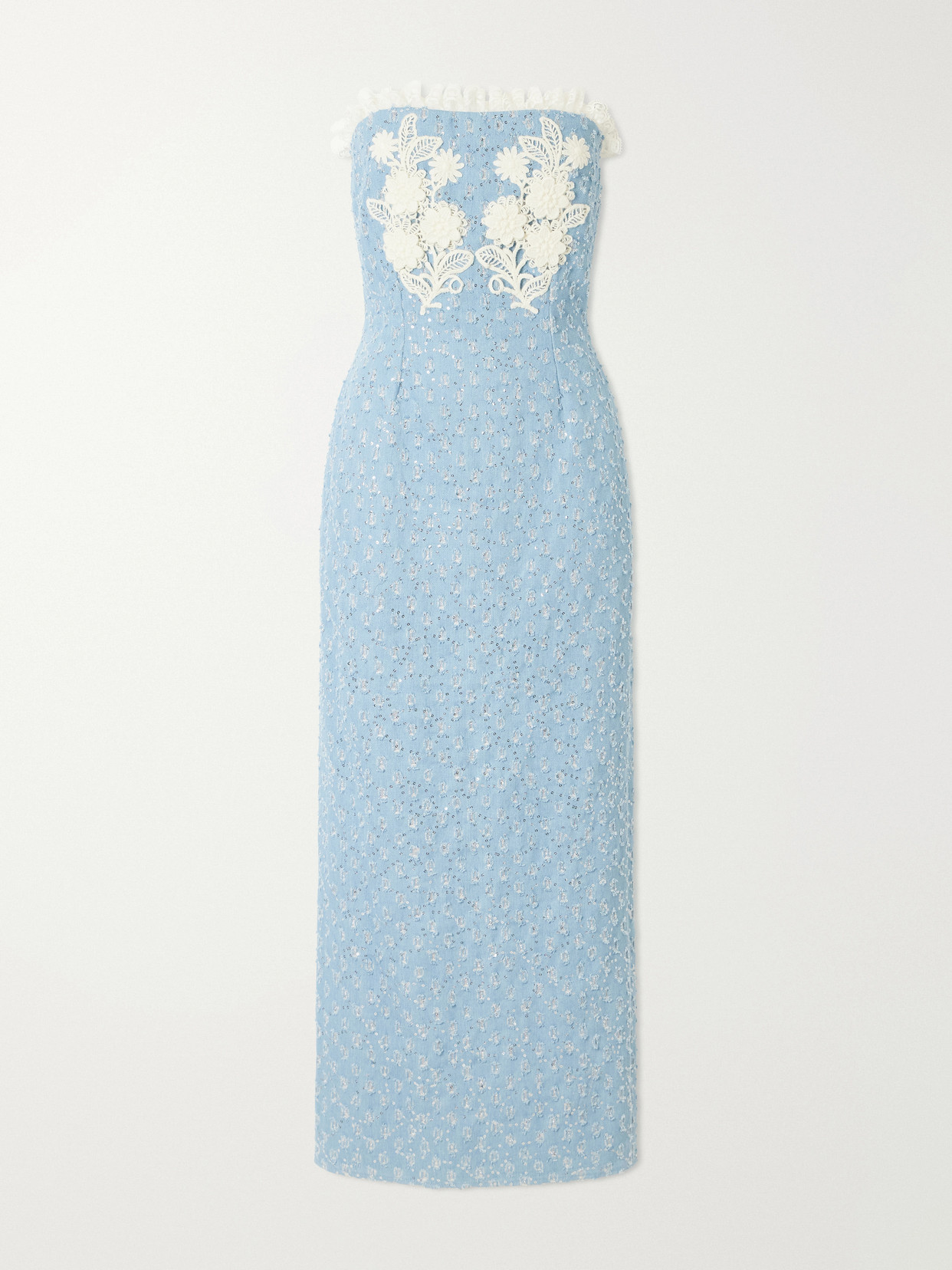 Rodarte - Appliquéd Sequin-embellished Lace-trimmed Denim Midi Dress - Blue