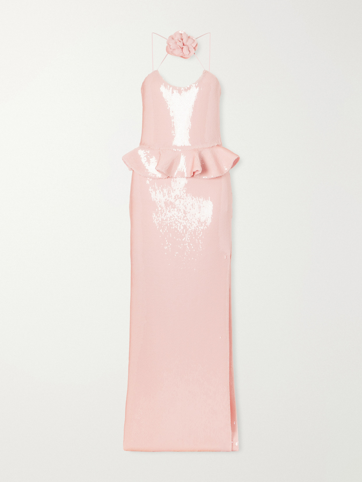 Rodarte Floral-appliquéd Ruffled Sequined Mesh Halterneck Gown In Pink