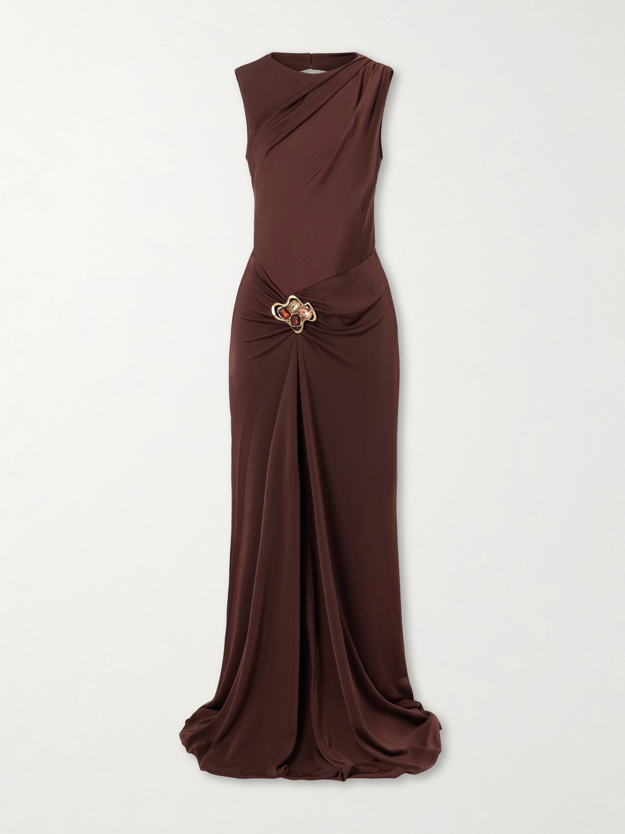 Rebecca Vallance Hazine Open-back Ruched Embellished Jersey Gown In Brown