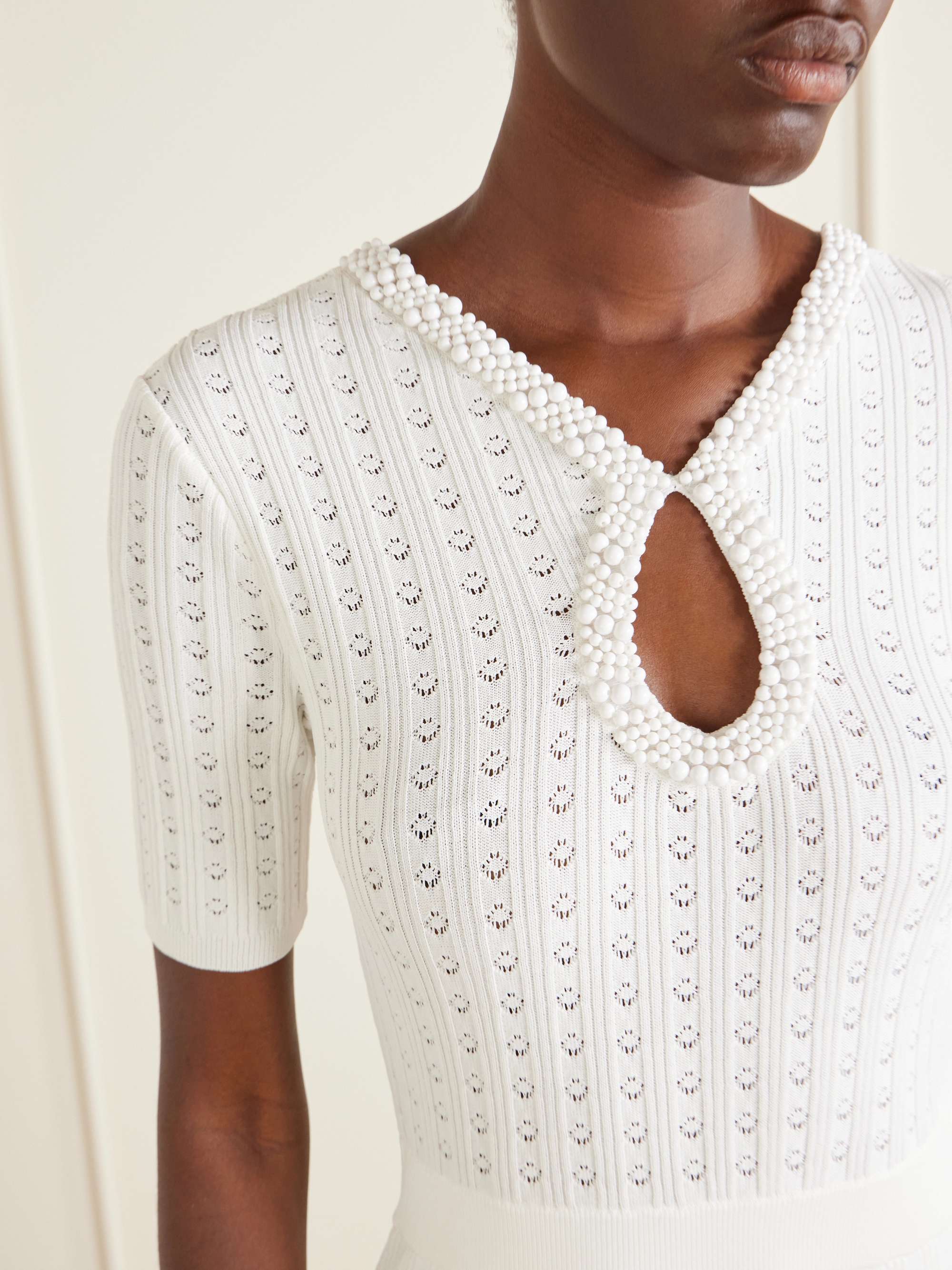 rebecca vallance white knit dress Embellished crochet-knit midi dress - ivory