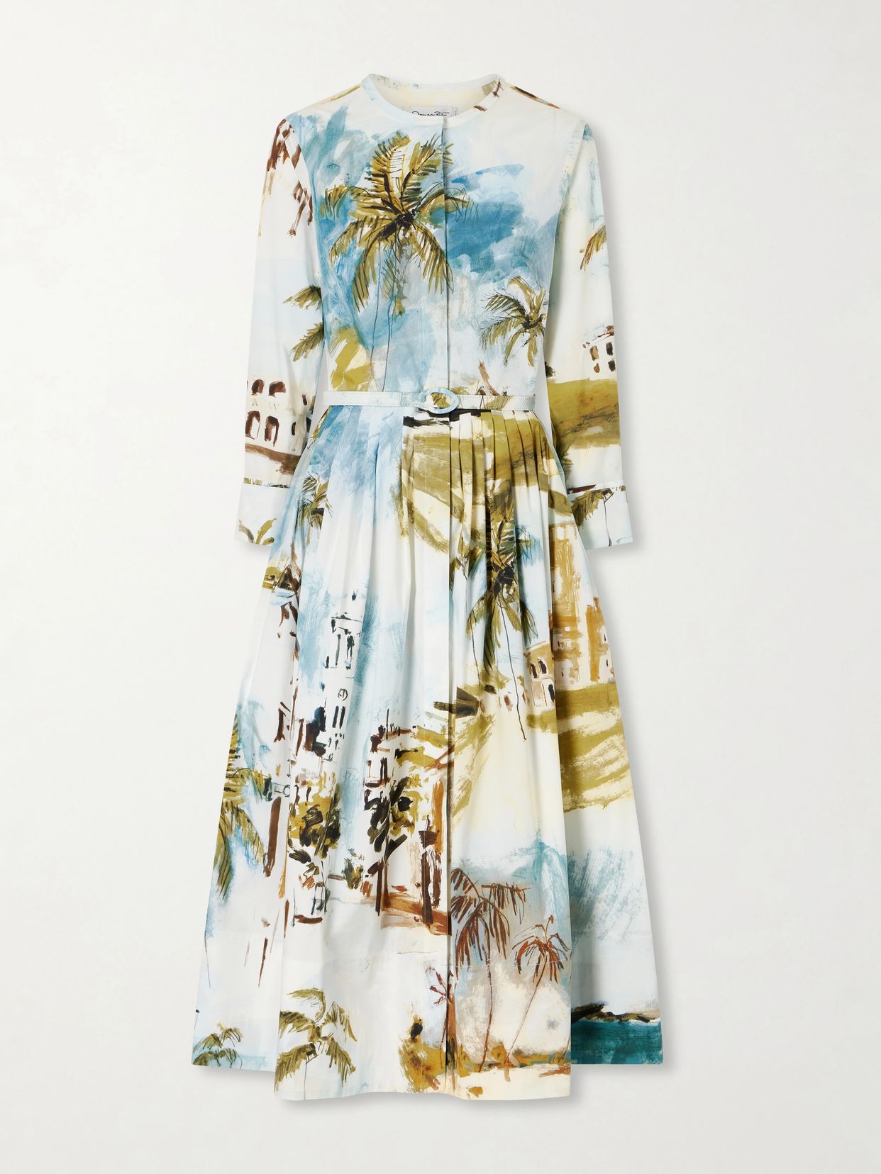 belted printed cotton blend midi dress