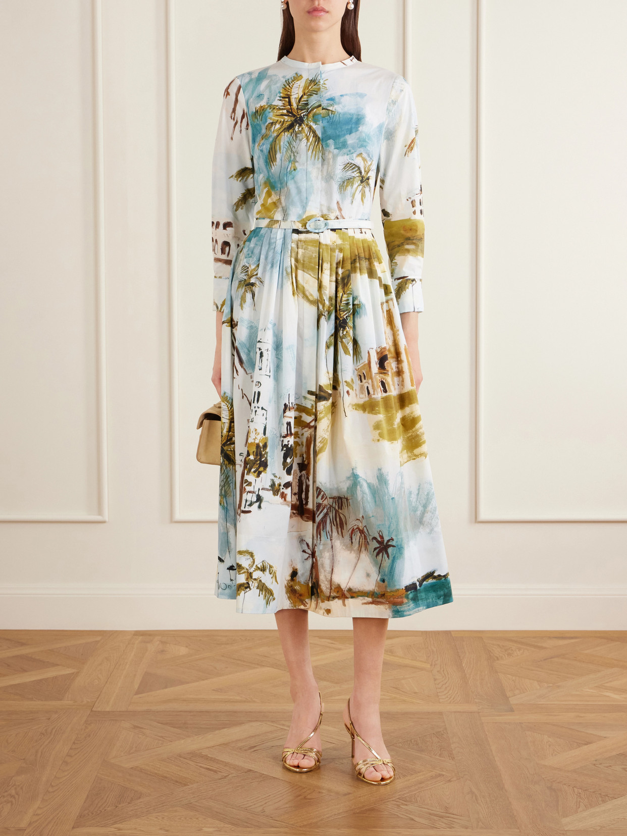 Oscar De La Renta Long-sleeve Landscape-print Cotton Poplin Midi Shirtdress With Belt In Multi