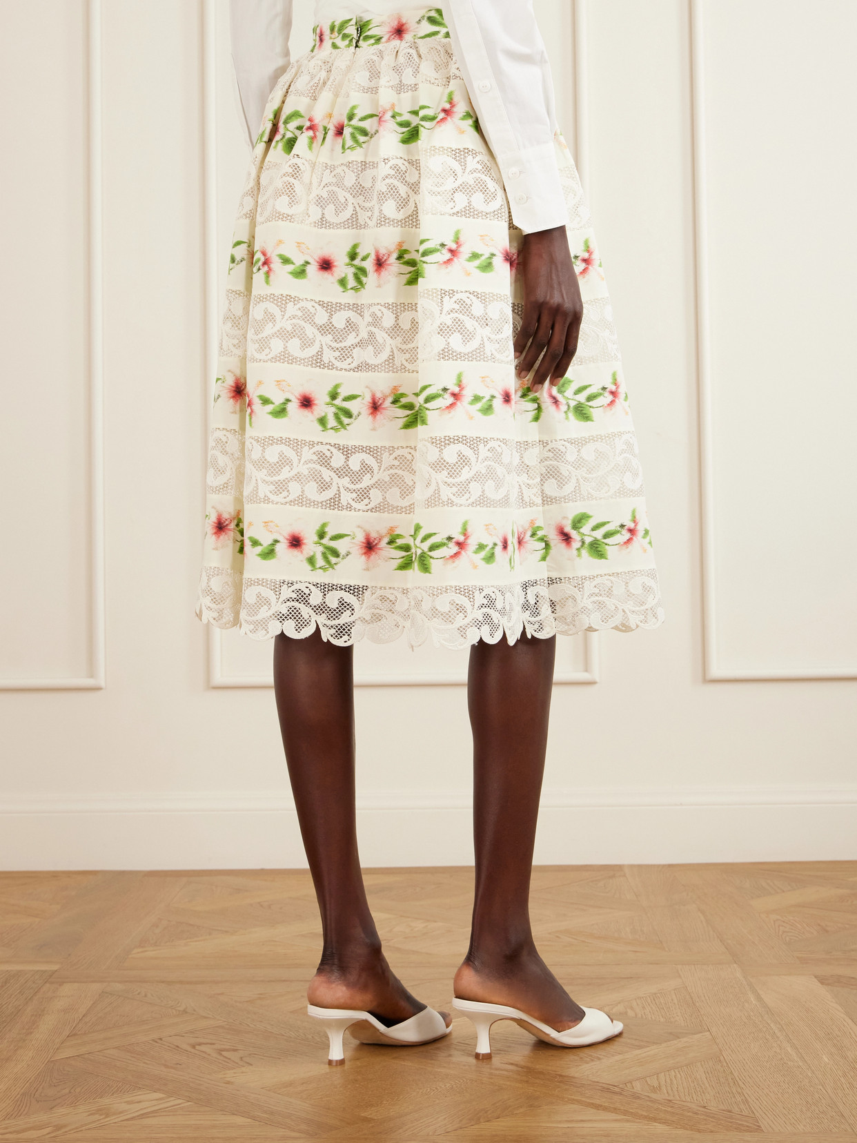 Floral-Print Lace-Trimmed Cotton-Blend Midi